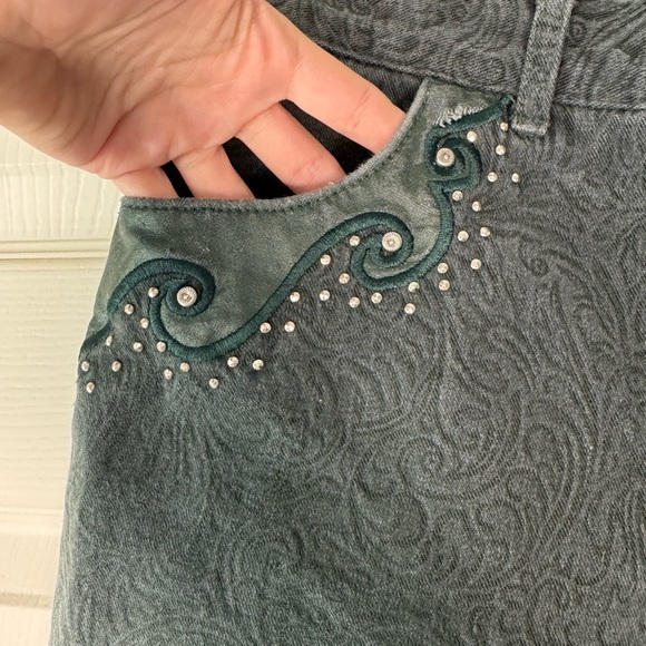 Rare Vintage Cache Embellished Dark Green Textured High Rise Mom Jeans Size 6 - Picture 6 of 13